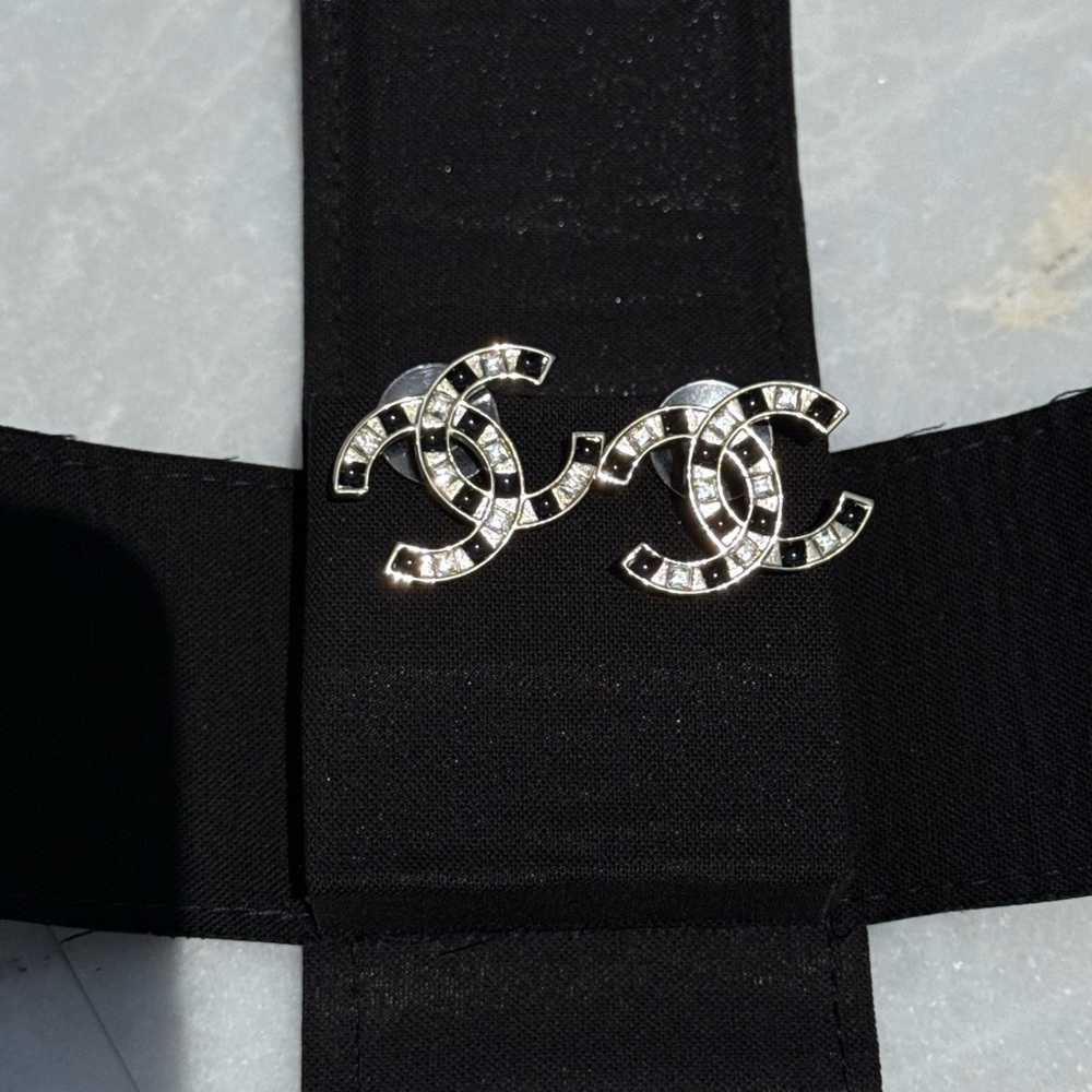 CHANEL Black and Silver Studded Logo Earrings